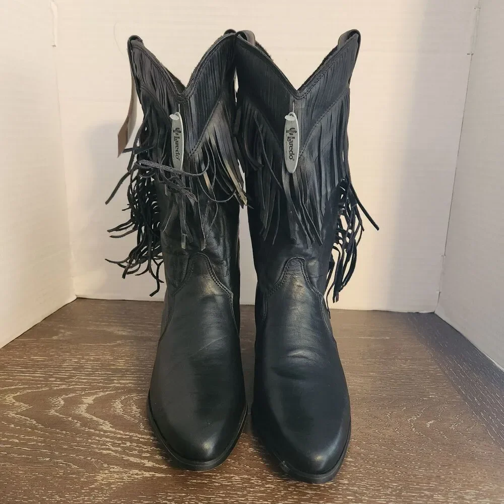 Vintage 80s 90s Laredo Black Leather Fringe Western Cowgirl Boots 28-710 NOS